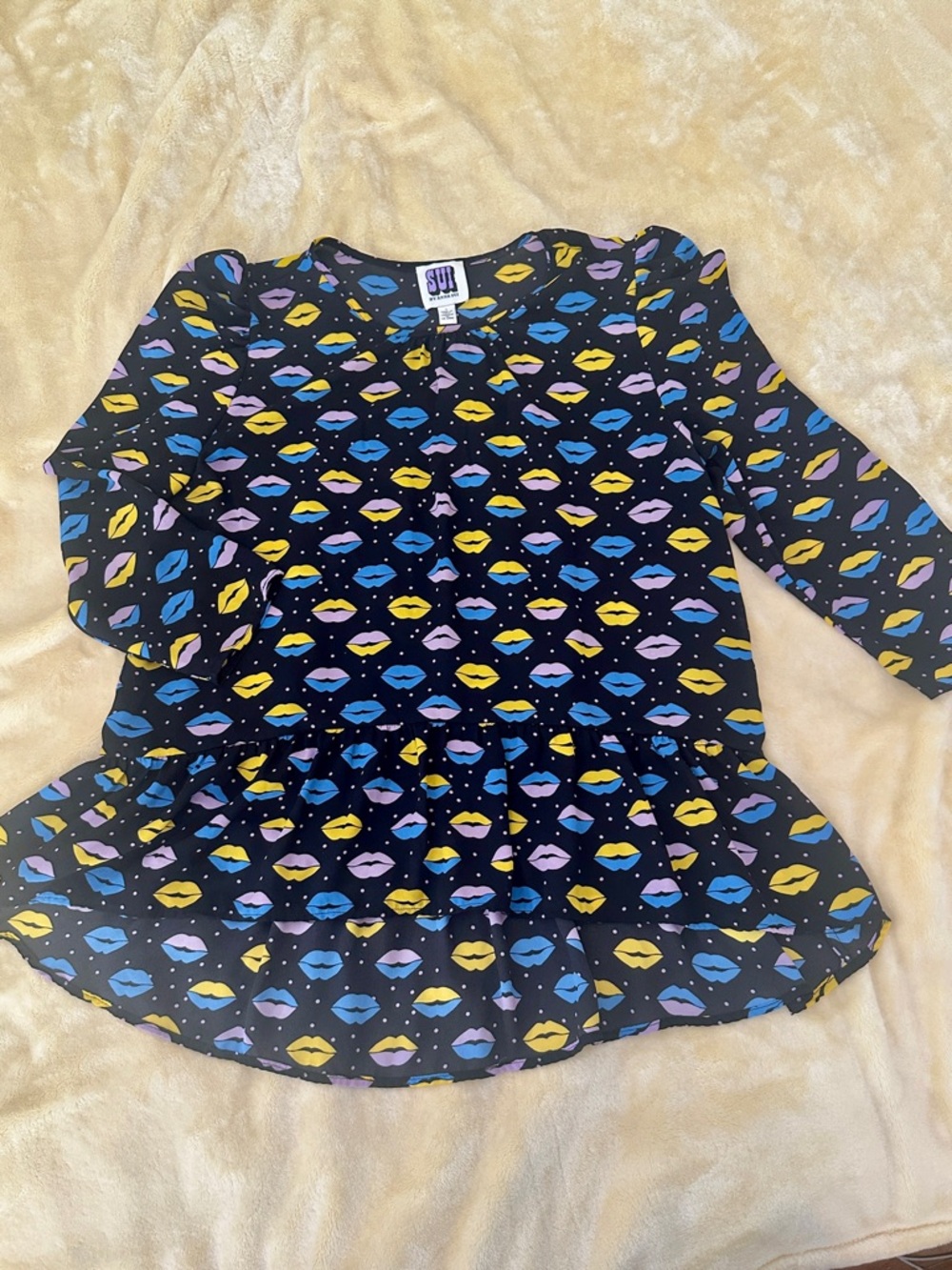 ANNA SUI Lip Print Top Blouse Black Retro Pop Art Whimsical Boho Relaxed Fit L
